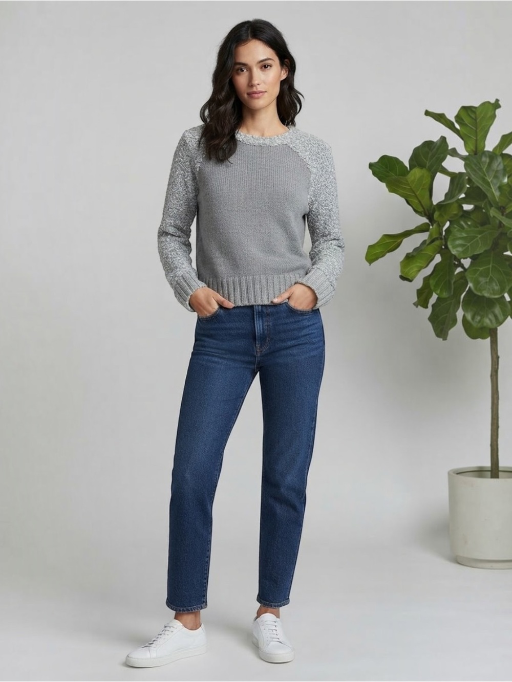 NWT John + Jenn Grey Mixed Knit Contrast Pullover Sweater Small
